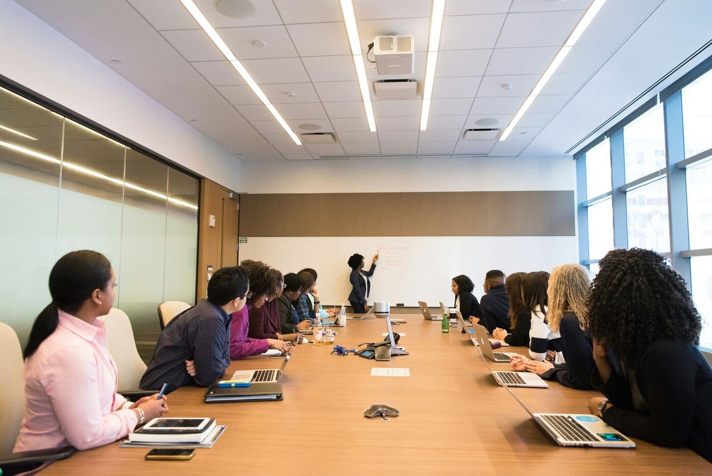 Colleagues talking together in an office